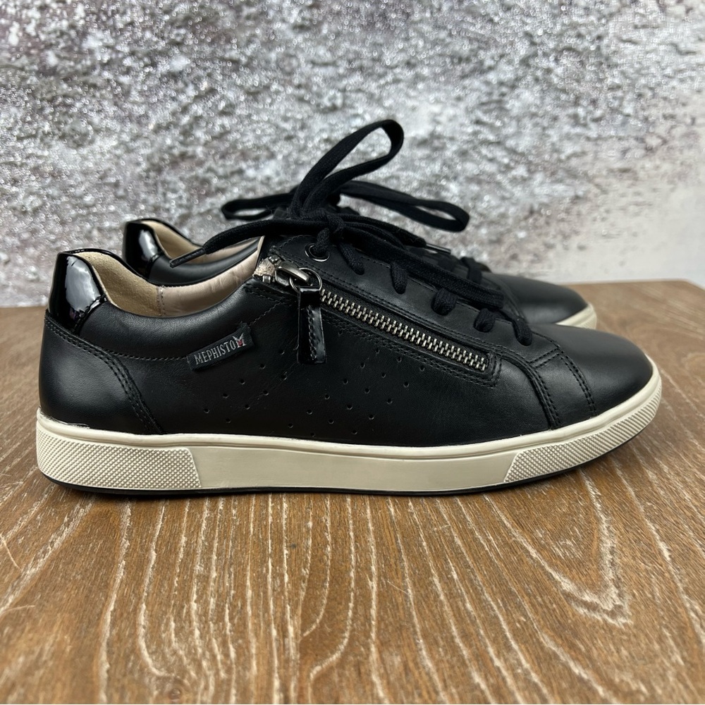 544 Mephisto NIKITA Black Leather Zip-Detail Sneakers with Cream Sole 7.5